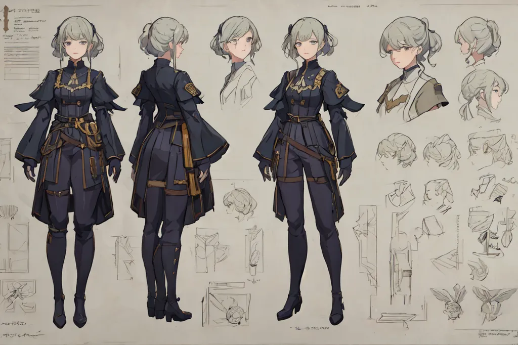 A imagem mostra uma folha de design de personagem para um personagem de estilo anime. O personagem é uma jovem mulher com cabelos prateados e olhos cinzentos. Ela está usando um uniforme militar preto com uma gravata branca. O uniforme tem detalhes e botões dourados. Ela também está usando botas pretas. O personagem está em uma variedade de poses, e também há close-ups de seu rosto e mãos.