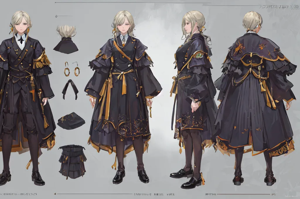 The image shows a character design sheet for an anime-style character. The character is a young woman with long blonde hair and green eyes. She is wearing a black and gold military-style uniform with a white cravat. The uniform has many gold buttons and gold trim around the cuffs and collar. She is also wearing a black hat with a gold band around it. The character is standing in a relaxed pose with her hands at her sides.