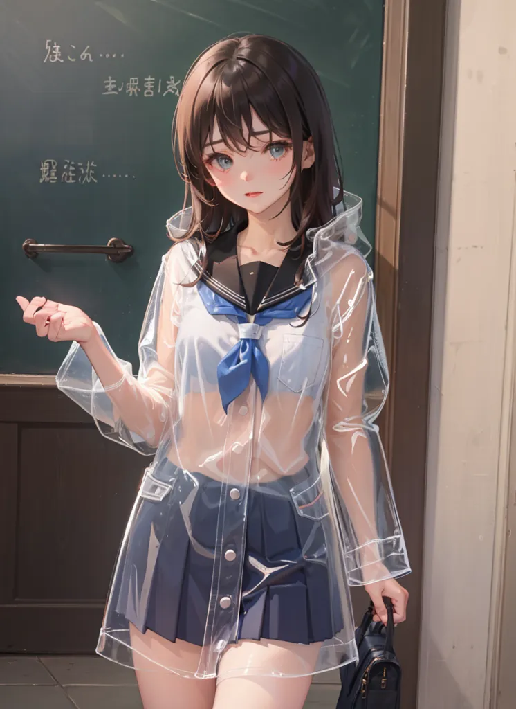 The image shows a young woman standing in front of a door. She is wearing a transparent raincoat, a blue and white sailor-style top, and a gray skirt. She has brown hair and blue eyes, and she is carrying a black bag. The door behind her has Japanese text written on it.