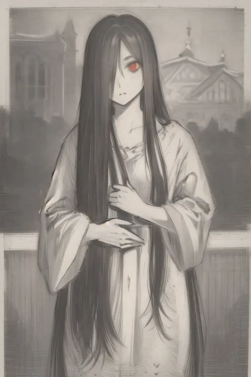 The image is a black and white portrait of a young woman with long black hair and red eyes. She is wearing a white dress and is standing in front of a window. The background is a blurred image of a building. The woman has a sad expression on her face and is looking at the viewer.