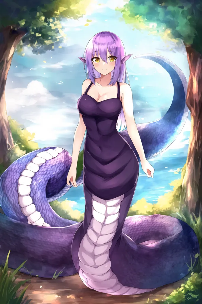 The image is of a purple snake girl with long purple hair and yellow eyes. She is wearing a black dress with a purple sash. She is standing in a forest, with a large tree behind her.