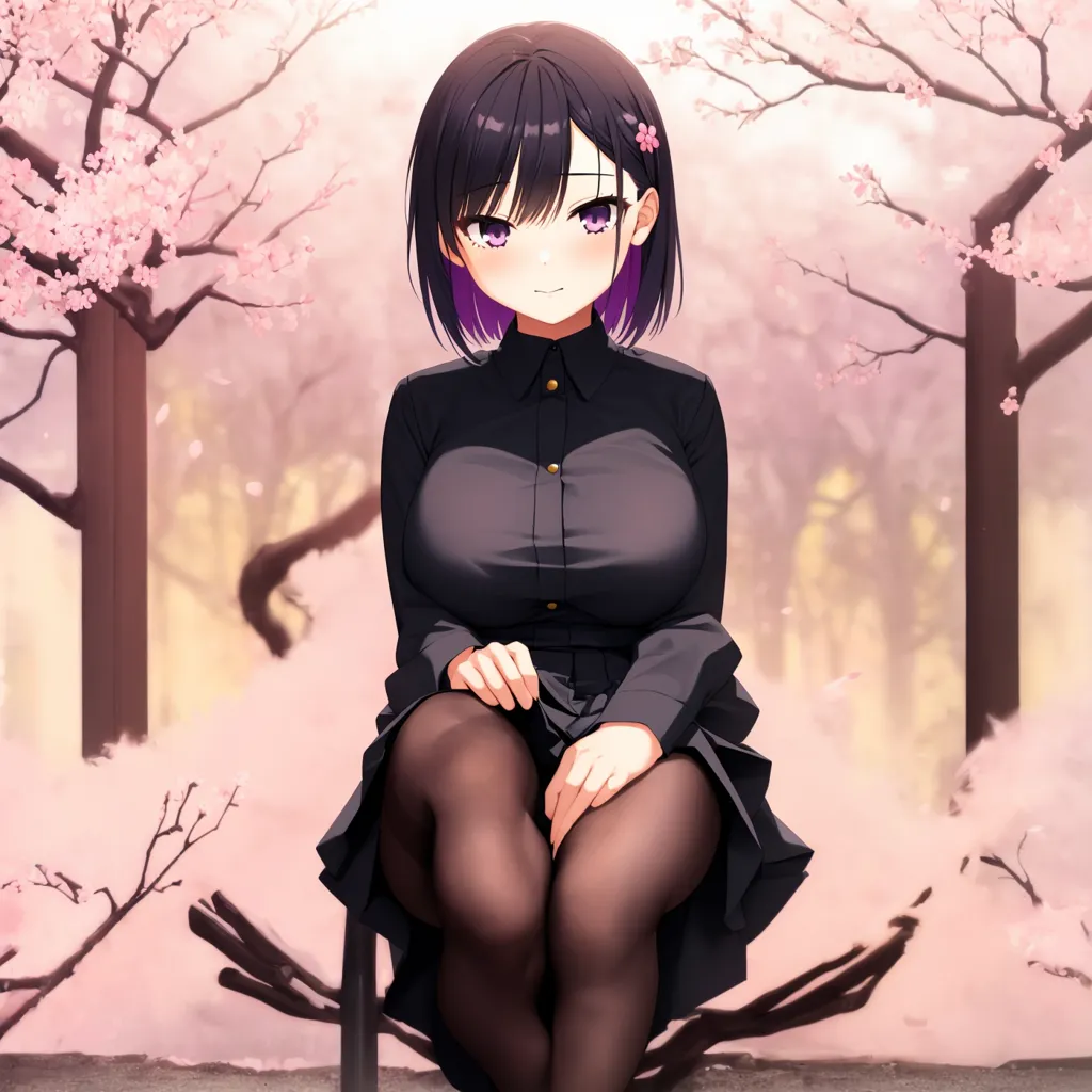 The image depicts a young woman with purple hair and purple eyes. She is wearing a black button-down shirt and a black skirt. She is sitting on a bench in a park, and there are cherry blossoms in the background. The image is drawn in an anime style.