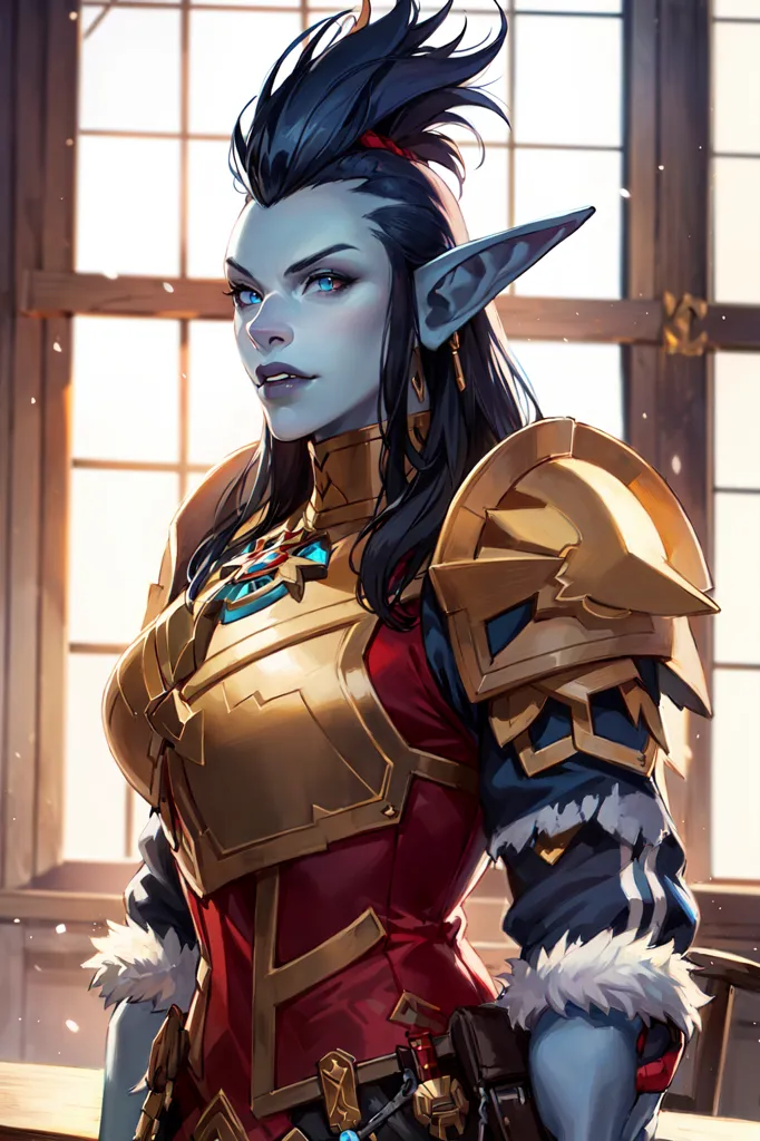 The picture shows a dark-haired female night elf from the Warcraft universe. She is wearing golden armor with red elements and fur on the shoulders. The night elf is standing in a room with wooden elements and blue curtains on the windows.