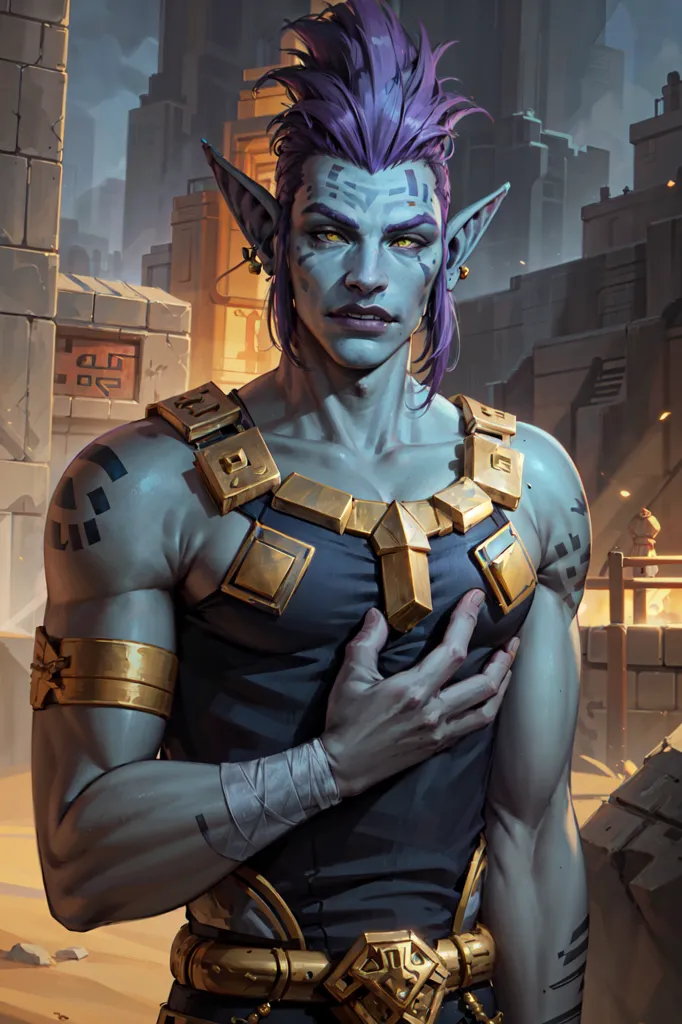 This is an image of a blue-skinned elf with purple hair. He is wearing a black vest with gold trim and has a gold belt. He is also wearing gold bracelets and a necklace. He has a bandage on his right arm. He is standing in a ruined city. There are buildings and rubble all around him. The sky is dark and there are clouds in the distance.