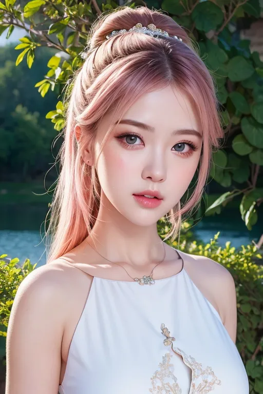 A imagem mostra uma jovem mulher com cabelo rosa e blush rosa claro em suas bochechas. Ela está usando um vestido branco com um colarinho alto e um colar de prata com uma gema azul no centro. Seu cabelo está preso em um rabo de cavalo alto e ela tem uma pequena tiara em sua cabeça. Ela está em pé em frente a um fundo desfocado de folhas verdes.