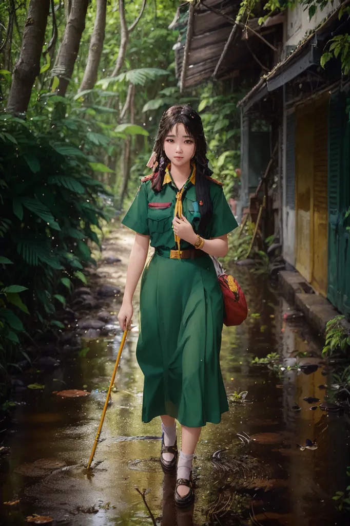 La imagen es una pintura digital de una niña joven con un uniforme de scout verde. Ella está caminando por un sendero en un bosque, llevando un bastón de caminata en su mano derecha y una bolsa roja sobre su hombro. Tiene el cabello y los ojos marrones, y lleva una bufanda roja alrededor del cuello. El fondo es un borrón de árboles y hojas verdes.