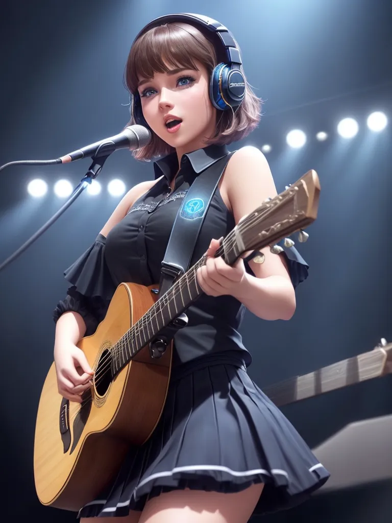 The image shows a young woman with short brown hair and blue eyes. She is wearing a black and blue outfit and playing an acoustic guitar. She is standing in front of a microphone and there are bright lights in the background. She is wearing headphones and has a small smile on her face.