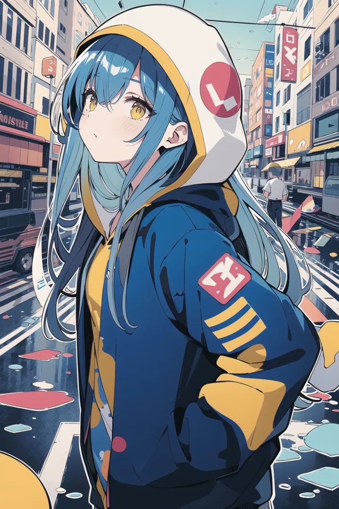 The image is of a young woman standing in a city street. She is wearing a blue and yellow hoodie and a white hat. The hoodie has a yellow letter "L" on the back. The woman has long blue hair and yellow eyes. She is looking at the viewer with a slight smile on her face. The street is wet from the rain and there are puddles on the ground. There are buildings and cars in the background. The image is drawn in a realistic style and the colors are vibrant and bright.