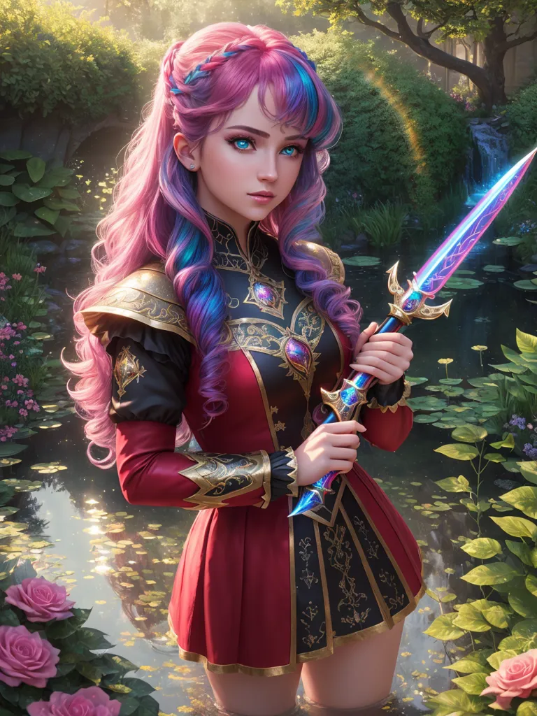 The image is of a young woman with pink and blue hair, blue eyes, and a fair complexion. She is wearing a red and gold-colored outfit with a white undershirt. She is also wearing a pair of brown boots. She is standing in a forest, with a sword in her right hand. The sword has a blue blade and a gold handle. She is looking at the sword with a determined expression on her face.