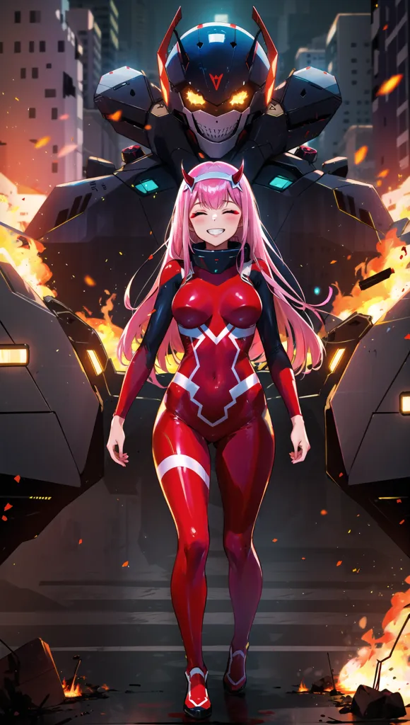 The image is of a young girl with pink hair and red eyes, wearing a red and white bodysuit. She is standing in front of a large black and red mech suit. The mech suit is armed with a large gun and a shield. The girl is smiling and has her hand raised in the air. The background is a city in ruins, with buildings on fire and debris scattered everywhere.