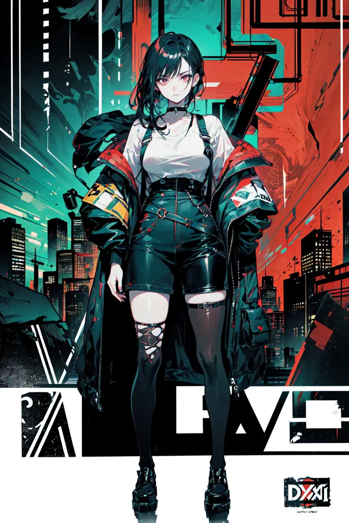 The image is a digital painting of a young woman standing in a dark and rainy city. She is wearing a black leather jacket, a white shirt, and black shorts. She has a gun in her hand and is looking at the viewer with a determined expression. The background is a blur of red and blue lights.