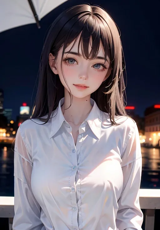 The image shows a young woman with long dark hair and blue eyes. She is wearing a white button-down shirt that is slightly wet. The background is a blurred cityscape at night. The woman is standing in front of a railing and there is an umbrella on the ground next to her.