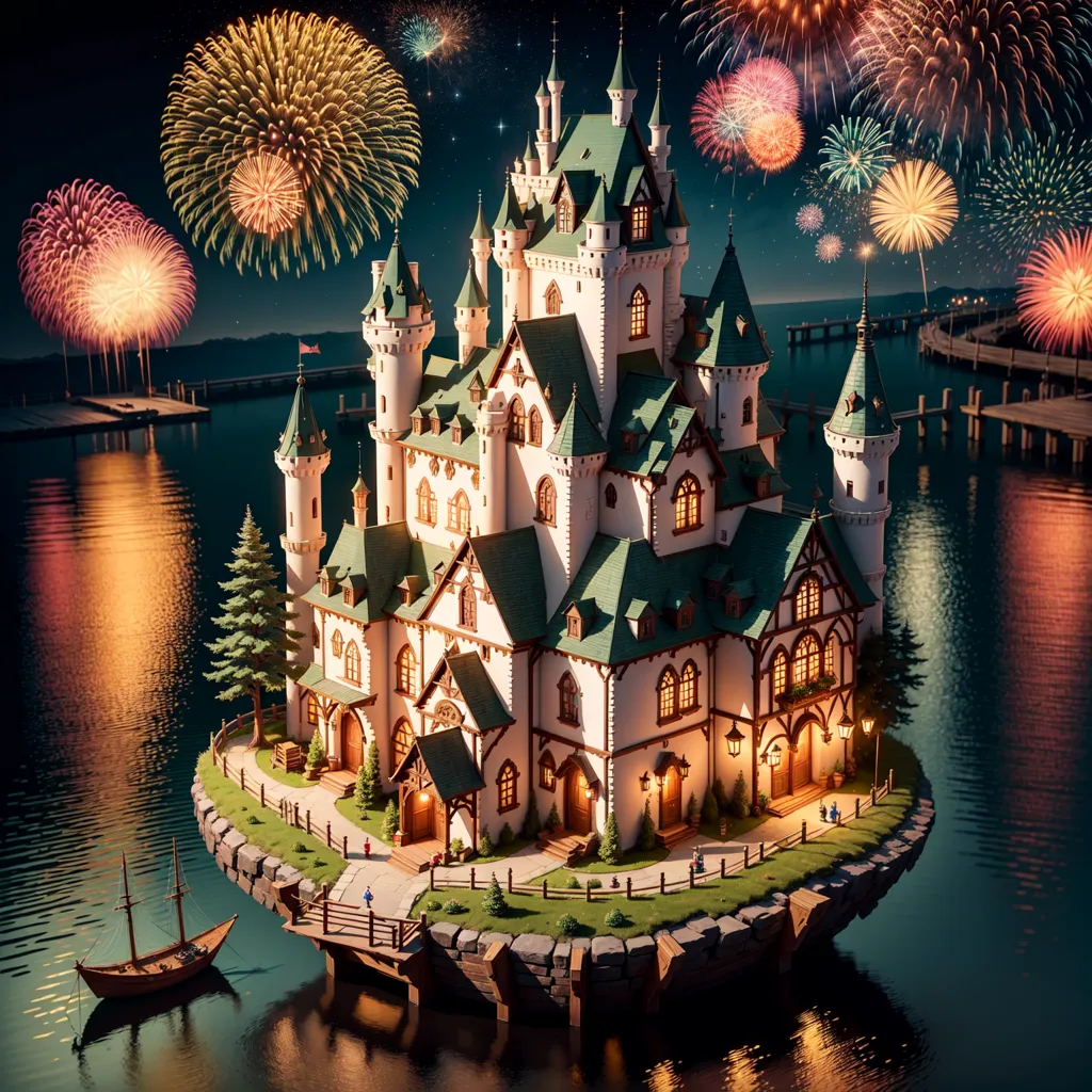 The image is a beautiful castle with green and white walls and a green roof. It is surrounded by water and there are fireworks in the sky above it. There is a dock with a small boat next to the castle and there are trees and grass on the island. The castle is lit up from the inside and there are people walking around on the island.