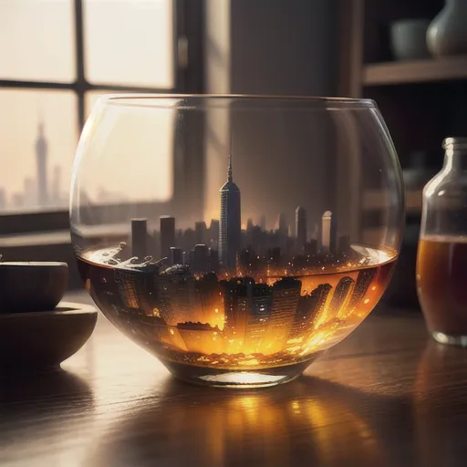 L'image est un bol en verre rempli d'un liquide ambré. À l'intérieur du bol se trouve une miniature d'un paysage urbain avec de grands bâtiments et des lumières vives. Le bol est posé sur une table en bois. Il y a une fenêtre à l'arrière-plan et un vase sur la table.