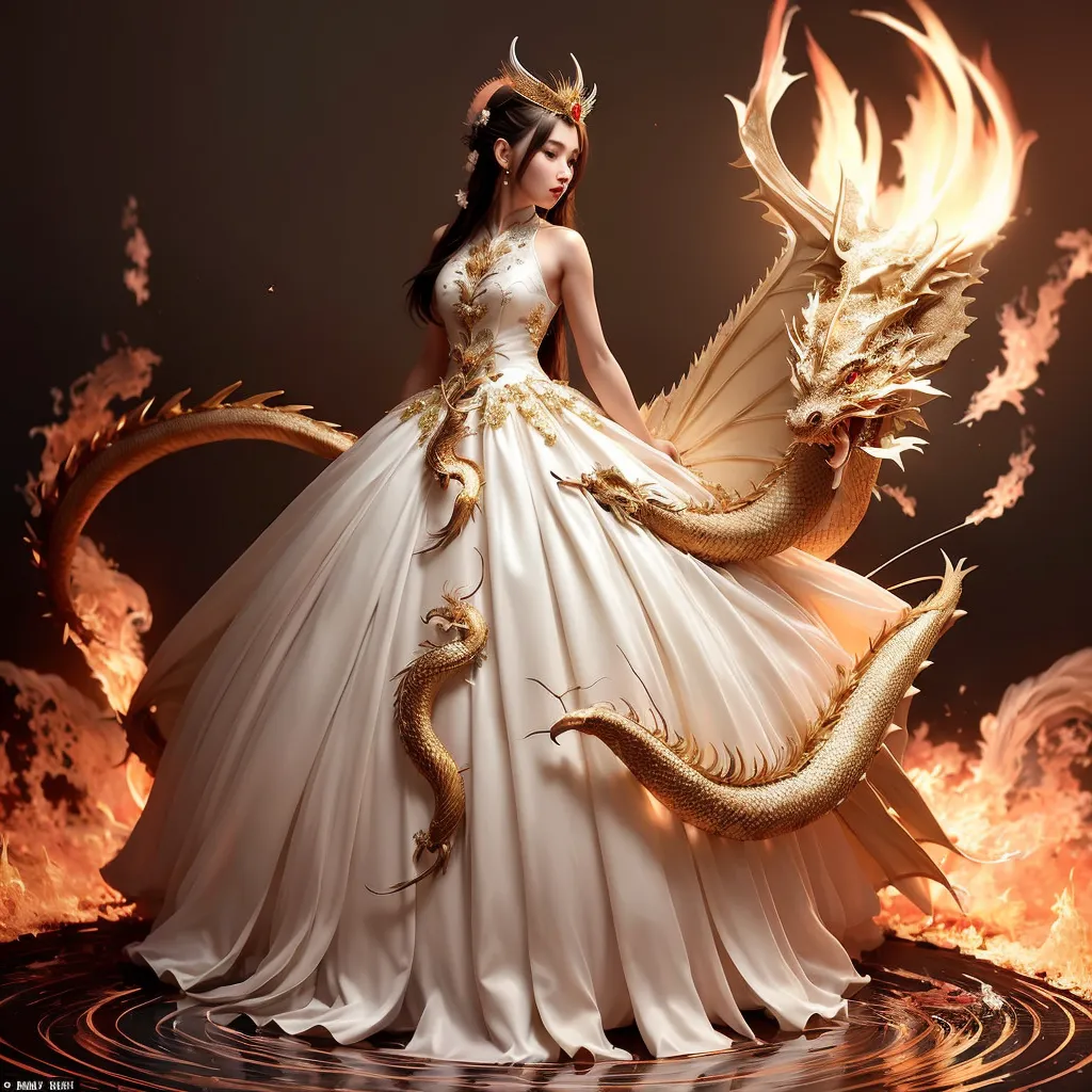 The image shows a woman wearing a white and gold dress with a long train. The dress is decorated with gold embroidery and pearls. The woman has long black hair and is wearing a gold crown. She is standing in front of a large golden dragon. The dragon is coiled around her and has its head resting on her shoulder. The dragon is breathing fire, which is creating a fiery background.