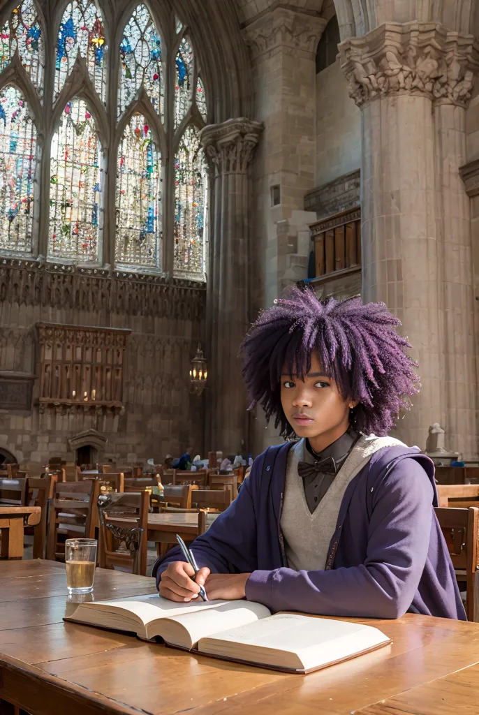 The image shows a young man with purple hair sitting at a wooden table in a large hall. He is wearing a purple robe over a white shirt and tie. The hall has a high ceiling with stained glass windows and stone columns. There are wooden tables and chairs throughout the hall. The young man is writing in a book with a quill pen. There is a glass of water on the table.