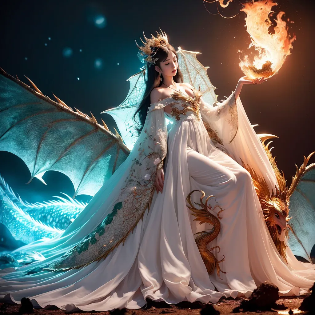 The image shows a woman sitting on a rock. She is wearing a white dress with a golden belt and has long black hair. She is also wearing a golden crown and has a pair of blue-green dragon wings. She is holding a small ball of fire in her right hand. There is a blue dragon on the ground beside her. The background is dark with a starry sky.