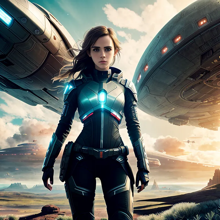 This is an image of a young woman standing in front of two spaceships. She is wearing a black and gray jumpsuit with a light blue light on her chest. She has a gun in her right hand. The spaceships are gray and have blue lights on them. They are flying in the sky above a canyon.