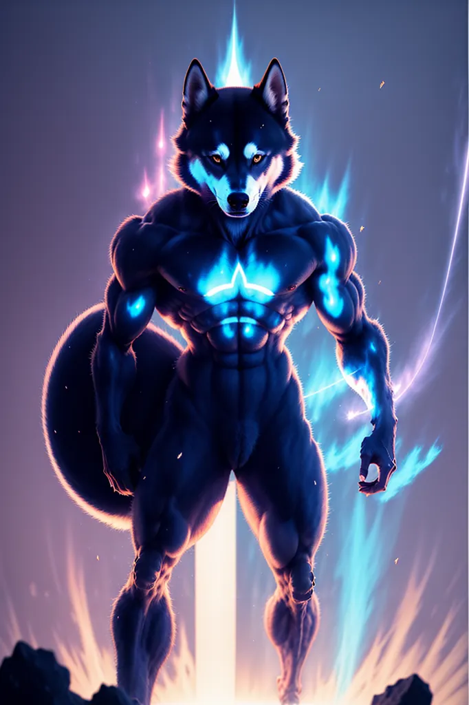 The image is of a muscular wolf standing on a rocky surface. It is dark blue with glowing blue markings on its body and paws. There is a glowing white star in the center of its chest. The wolf is surrounded by a blue and white light and has a determined expression on its face.