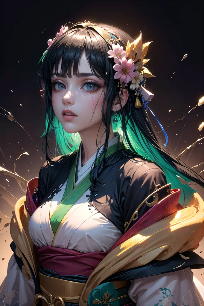 The picture shows a beautiful Japanese anime girl with long black and green hair. She is wearing a traditional kimono with a white obi and a red and gold haori. Her hair is decorated with pink and white flowers. She has a gentle smile on her face. The background is a dark color with a splash of gold.