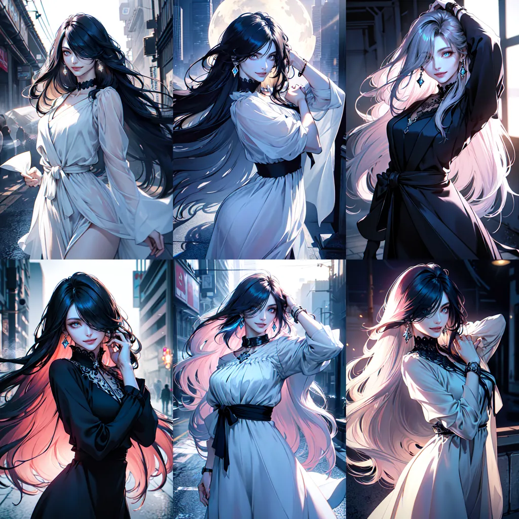 The image shows six different anime girls with long black hair. They are all wearing different outfits, but they all have a similar style. The girls are all beautiful and have a unique look.