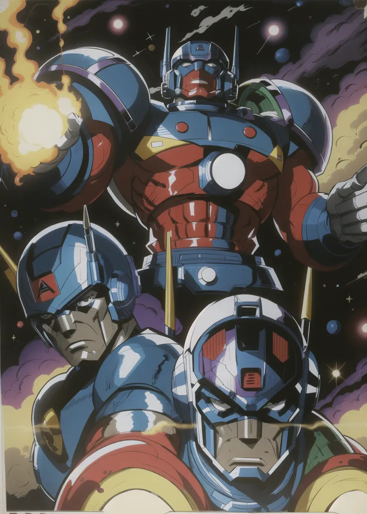 The image is a poster of three characters from the anime series "Getter Robo". The characters are all wearing red and blue armor and have different weapons. The background is a space scene with stars and planets.