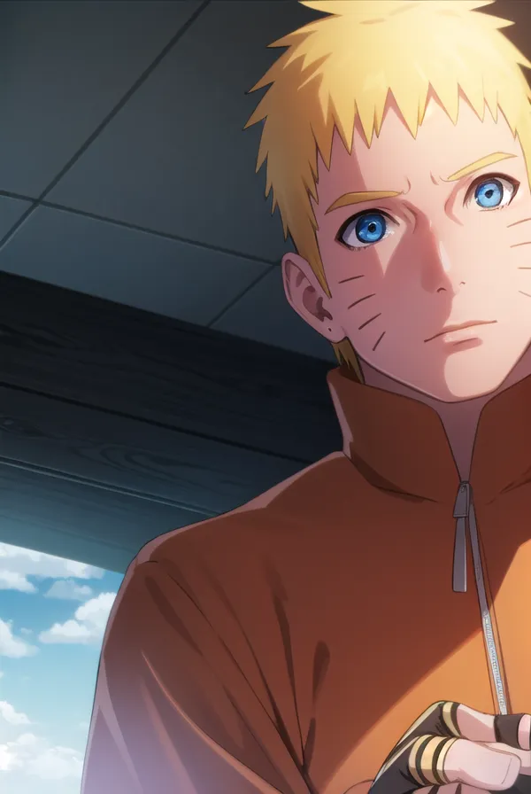 The picture shows Naruto Uzumaki, a character from the anime series Naruto. He is a young ninja who dreams of becoming the Hokage, the leader of his village. Naruto is a cheerful and optimistic character, despite the challenges he faces. He is also a loyal friend and a powerful ninja. In the picture, Naruto is looking down at the viewer with a determined expression. He is wearing his characteristic orange jacket and has his hands in his pockets. The background is a blur of clouds, suggesting that Naruto is in a high place. The picture is drawn in a realistic style and captures Naruto's personality well.