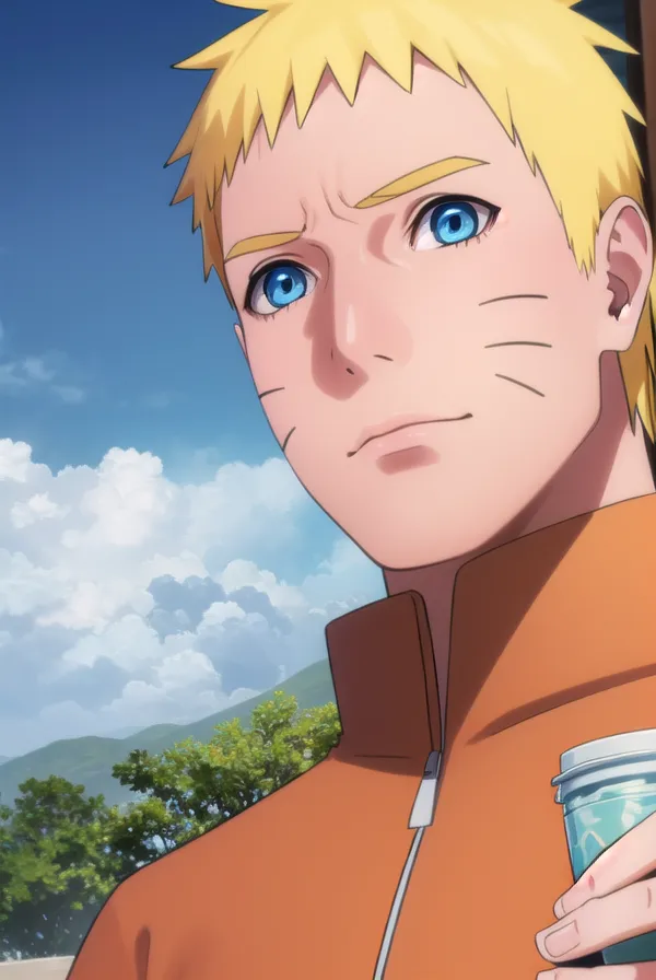 The image is of Naruto Uzumaki from the anime series Naruto. He is shown as a young adult with blond hair and blue eyes, wearing an orange jacket. He has a thoughtful expression on his face and is looking off into the distance. The background is a blurred landscape of mountains and trees.