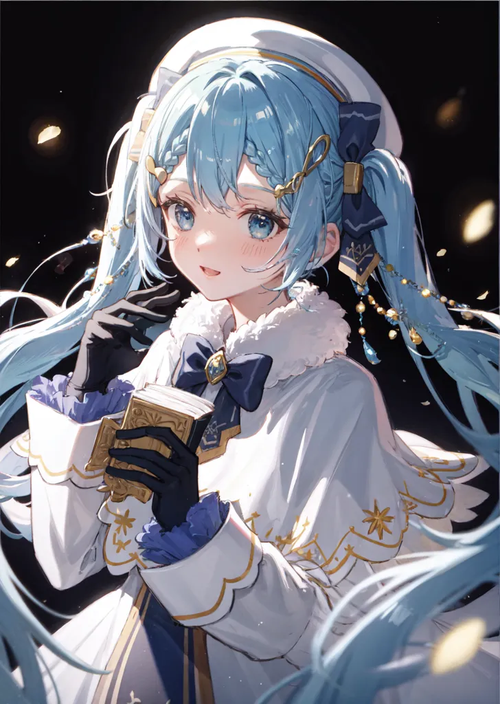 This is an image of a young girl with long blue hair and blue eyes. She is wearing a white and blue dress with a fur collar. She is also wearing a blue hat with a white bow. She is holding a book in her hands. She is standing in front of a dark background with a few specks of light.