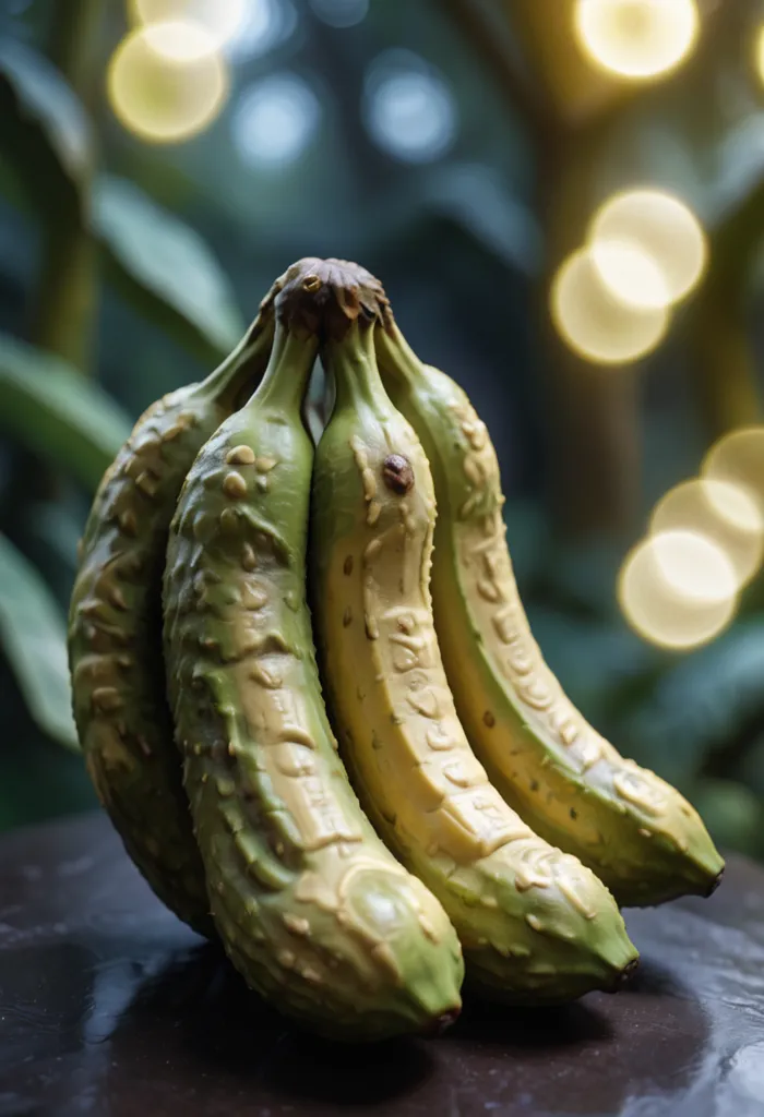 This image shows four bananas that are still green but have yellow spots. The bananas are arranged in a cluster. The background is blurry and has a bokeh effect.