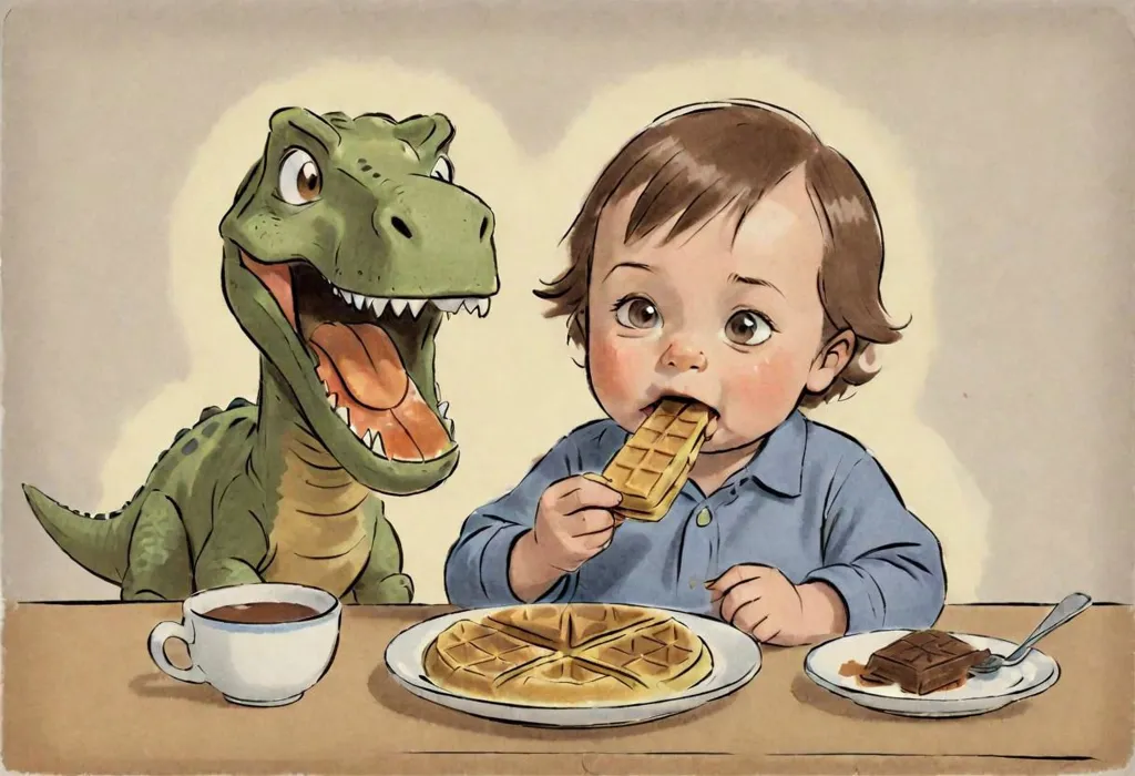 A small boy is sitting at a table, eating breakfast. He is eating waffles with chocolate sauce. The boy is wearing a blue shirt and he has short brown hair. He looks to be about 3 years old. Sitting across from him is a green dinosaur. The dinosaur is smiling and has a cup of coffee in front of him. The dinosaur is also wearing a blue shirt.