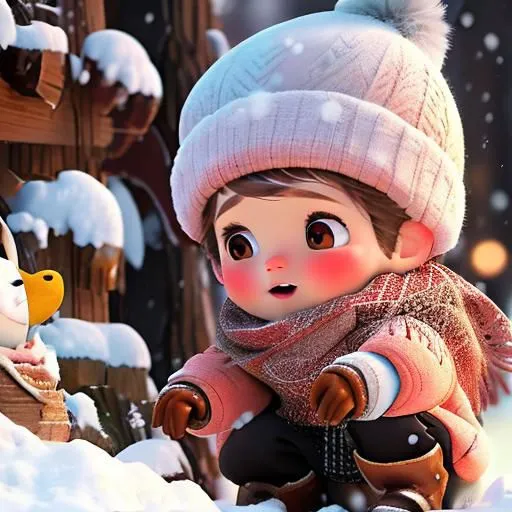 The image shows a baby in the snow. The baby is wearing a pink and white winter hat and coat. The baby is kneeling down and looking at a small animal. The animal is white and has a long tail. The baby has a surprised look on its face. The background is a snowy forest.