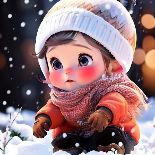 The picture shows a baby wearing a red and white winter coat and hat. The baby is sitting in the snow and looking at the camera with big, round eyes. The baby's cheeks are rosy from the cold, and its nose is slightly runny. The snow is falling softly around the baby, and it looks like a peaceful and serene winter day.