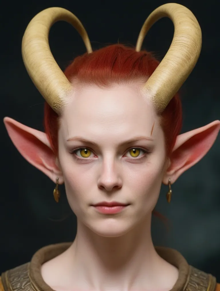 This is a picture of a woman with red hair and yellow eyes. She has horns on her head and pointed ears. She is wearing a brown leather armor. She looks like a warrior or an adventurer. She is probably a character from a fantasy novel or a video game.