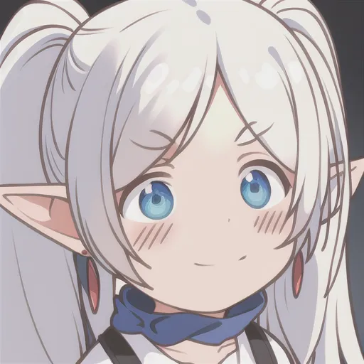 The image shows a young girl with white hair and blue eyes. She has long, pointed ears and a small, blush on her cheeks. She is wearing a white shirt with a blue scarf. The girl is smiling and looking at the viewer with her head tilted a bit downwards.