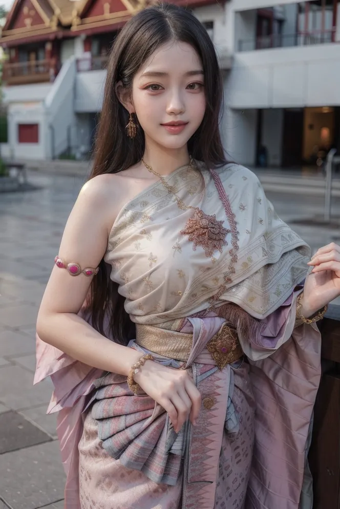 The image shows a young woman wearing a traditional Thai dress called a sabai. The dress is made of a light pink fabric with gold and silver thread detailing. The woman has long dark hair and is wearing traditional Thai jewelry. She is standing in a temple with a traditional Thai building in the background.