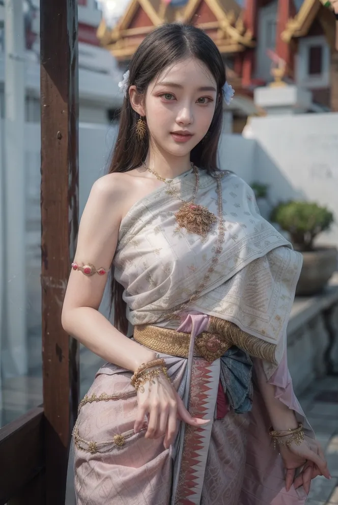 The image shows a young woman wearing a traditional Thai outfit. The outfit is made of a white and gold brocade fabric, and consists of a one-shoulder top and a long wraparound skirt. The woman is also wearing a number of traditional Thai accessories, including a gold necklace, a gold belt, and a pair of gold earrings. Her hair is long and black, and she is wearing a traditional Thai hairstyle. The woman is standing in a traditional Thai house, and there is a Thai temple in the background.