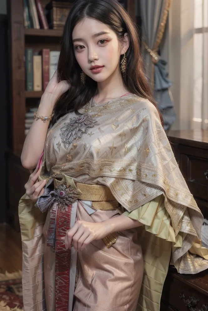 The image shows a young woman wearing a traditional Thai dress. The dress is made of a light, airy fabric and is decorated with intricate gold and silver embroidery. The woman is also wearing a traditional Thai headdress and jewelry. The image is taken in a studio and the background is a blur of soft light.