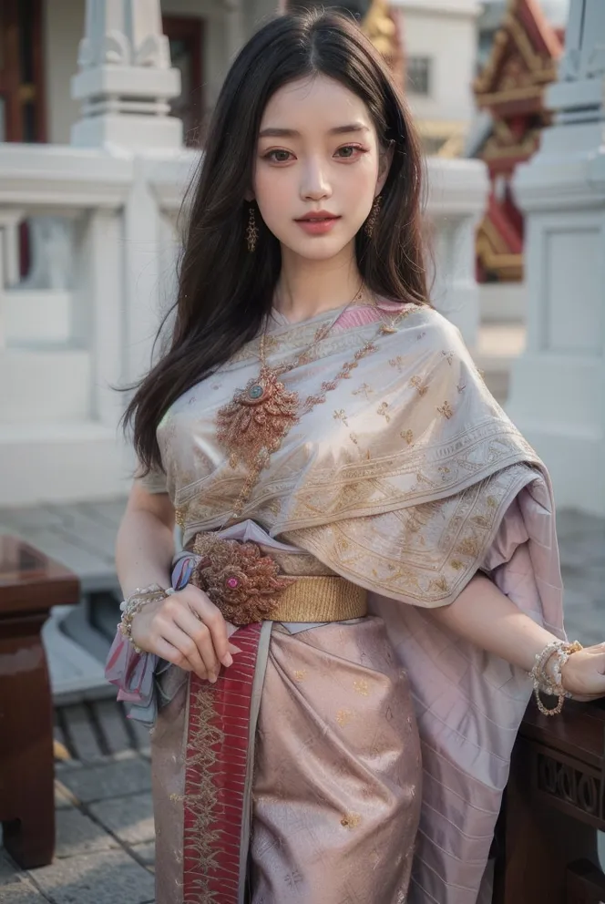 The image shows a young woman wearing a traditional Thai dress called a sabai. The sabai is a long piece of cloth that is wrapped around the body and secured with a belt. The woman is also wearing a traditional Thai hairstyle and makeup.