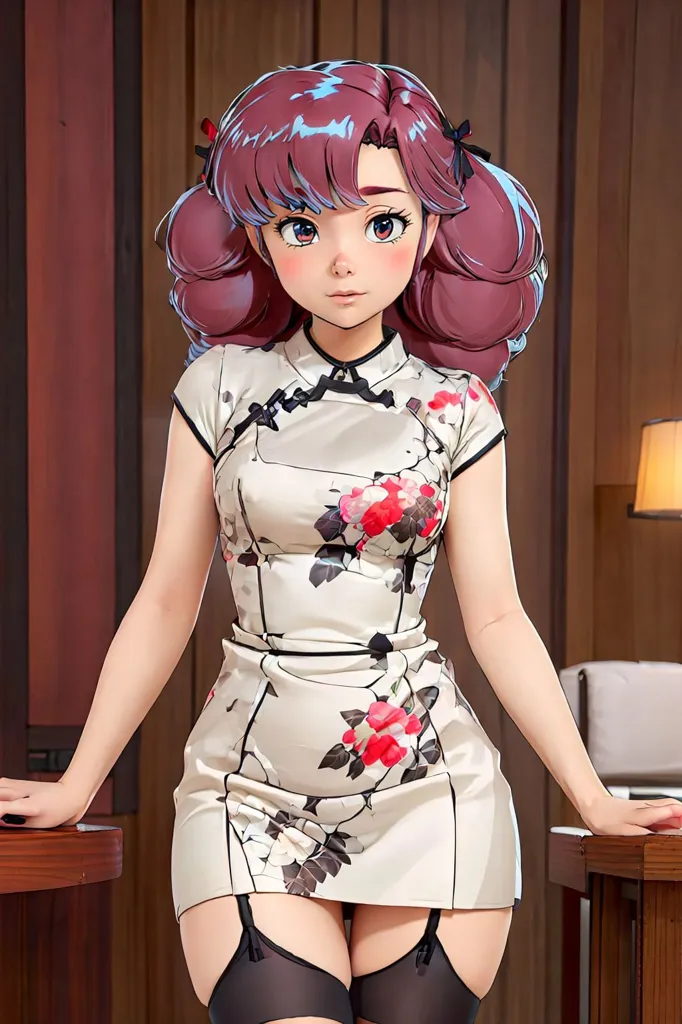 The image shows a young woman standing in a room. She is wearing a旗袍(qipao), a traditional Chinese dress. The dress is white with a floral pattern. The woman has long pink hair and blue eyes. She is leaning against a table.