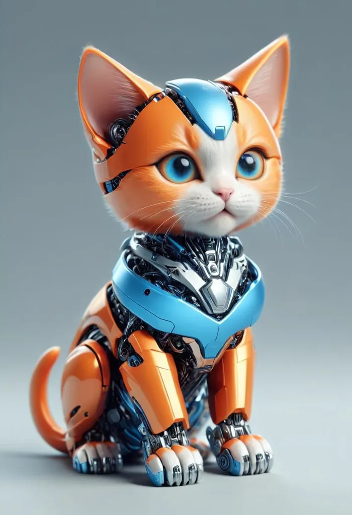 The image shows a robotic cat with orange and white fur and blue eyes. It is sitting on a white surface and looking at the camera. The cat has a mechanical body with visible wires and gears. Its ears are pointed and its tail is long and thin. The cat is a symbol of curiosity and independence, and the image represents the harmony between nature and technology.