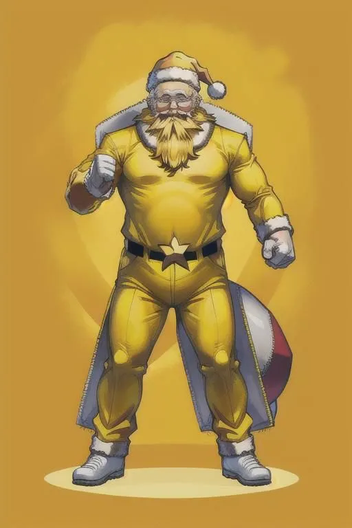 This image depicts a superhero dressed in a yellow and gold suit. He is wearing a Santa hat and has a sack full of presents on his back. He has a beard and a mustache and is smiling. The background is a bright yellow color.