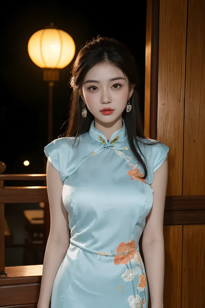 The image shows a young woman wearing a blue cheongsam. The cheongsam is a traditional Chinese dress that is typically worn by women. It is a one-piece dress that is fitted to the body and has a high collar. The cheongsam is often made from silk or other luxurious fabrics and is often decorated with intricate designs. The woman in the image is wearing a blue cheongsam that is decorated with floral prints. She is also wearing a pair of earrings and her hair is styled in a traditional Chinese bun.