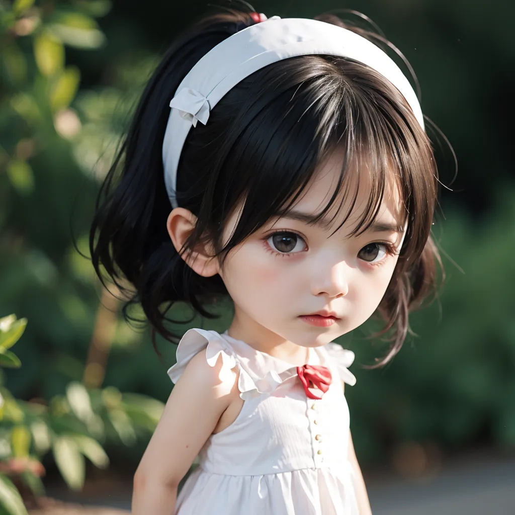 The little girl is wearing a white dress with a red bow. Her hair is black and short. She has a white headband with a bow on it. Her eyes are big and brown. She is standing in a garden. There are many green plants around her. She looks very happy.