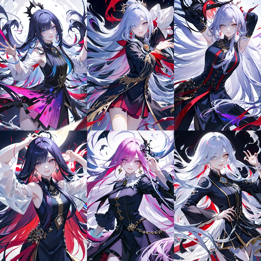 The image shows six different anime girls with long hair. They are all wearing black dresses with red, purple, and white accents. The girls have different hairstyles, eye colors, and expressions. They are all standing in different poses, and they all have unique personalities. The background is a dark color with a gradient of red and purple.