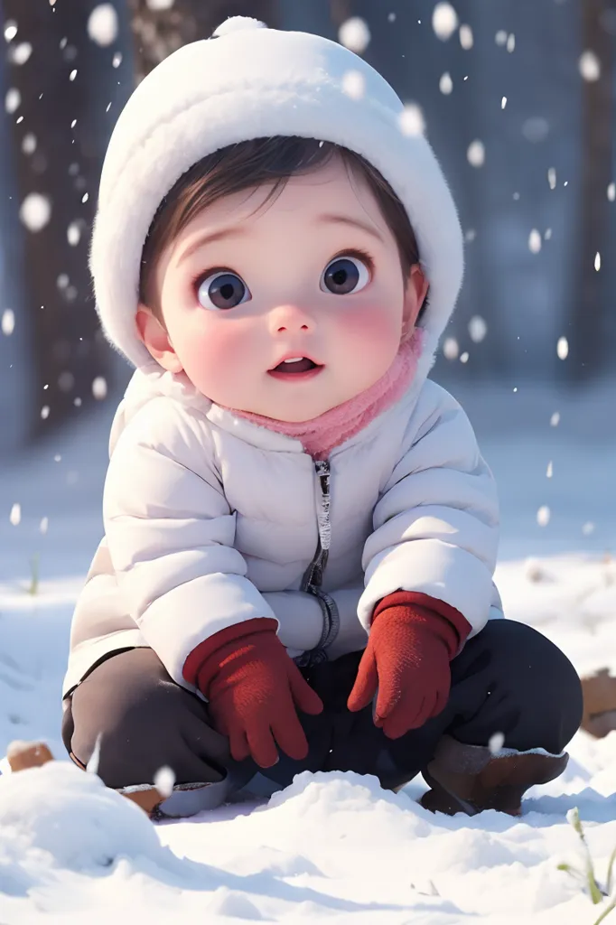 The image shows a baby wearing a white winter coat and hat with red gloves. The baby is sitting in the snow and looking at the camera with big, round eyes. The baby's cheeks are rosy from the cold, and its nose is slightly runny. The snow is falling softly, and the baby's footprints are visible in the snow. The image is peaceful and serene, and it captures the beauty of a winter day.