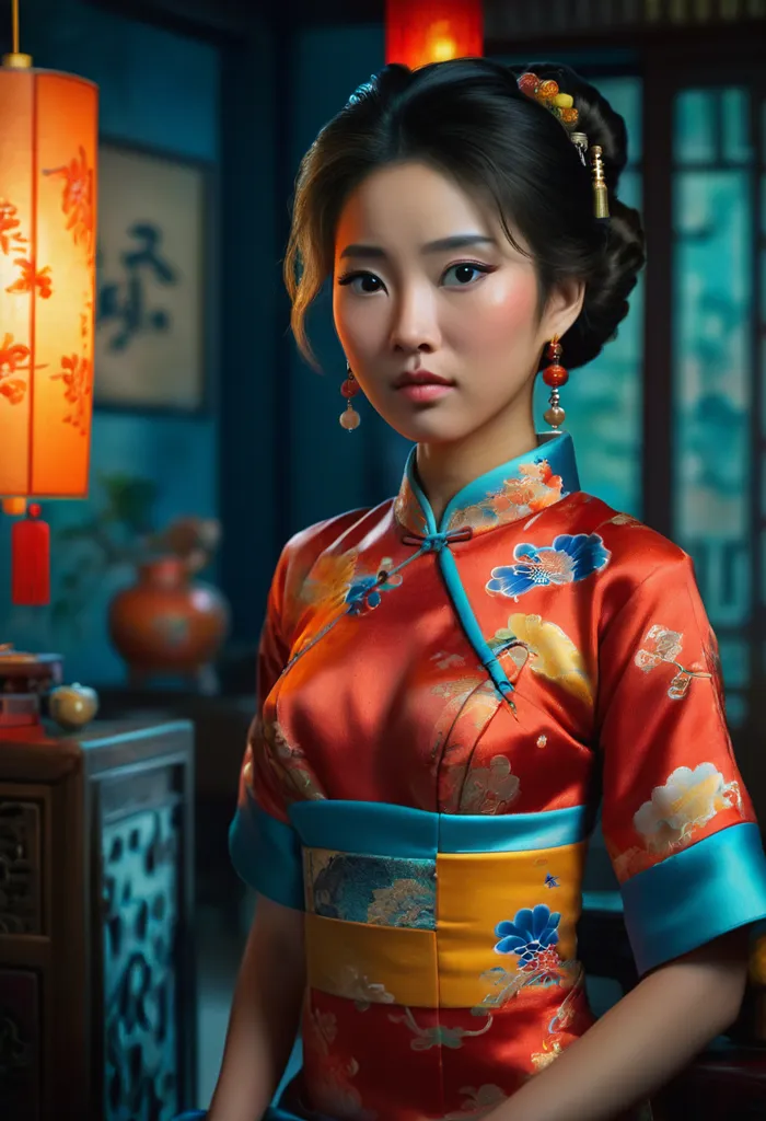 A young woman is wearing a red and blue cheongsam. The cheongsam is a traditional Chinese dress that is often worn for special occasions. The woman's hair is pulled back in a bun and she is wearing traditional Chinese makeup.