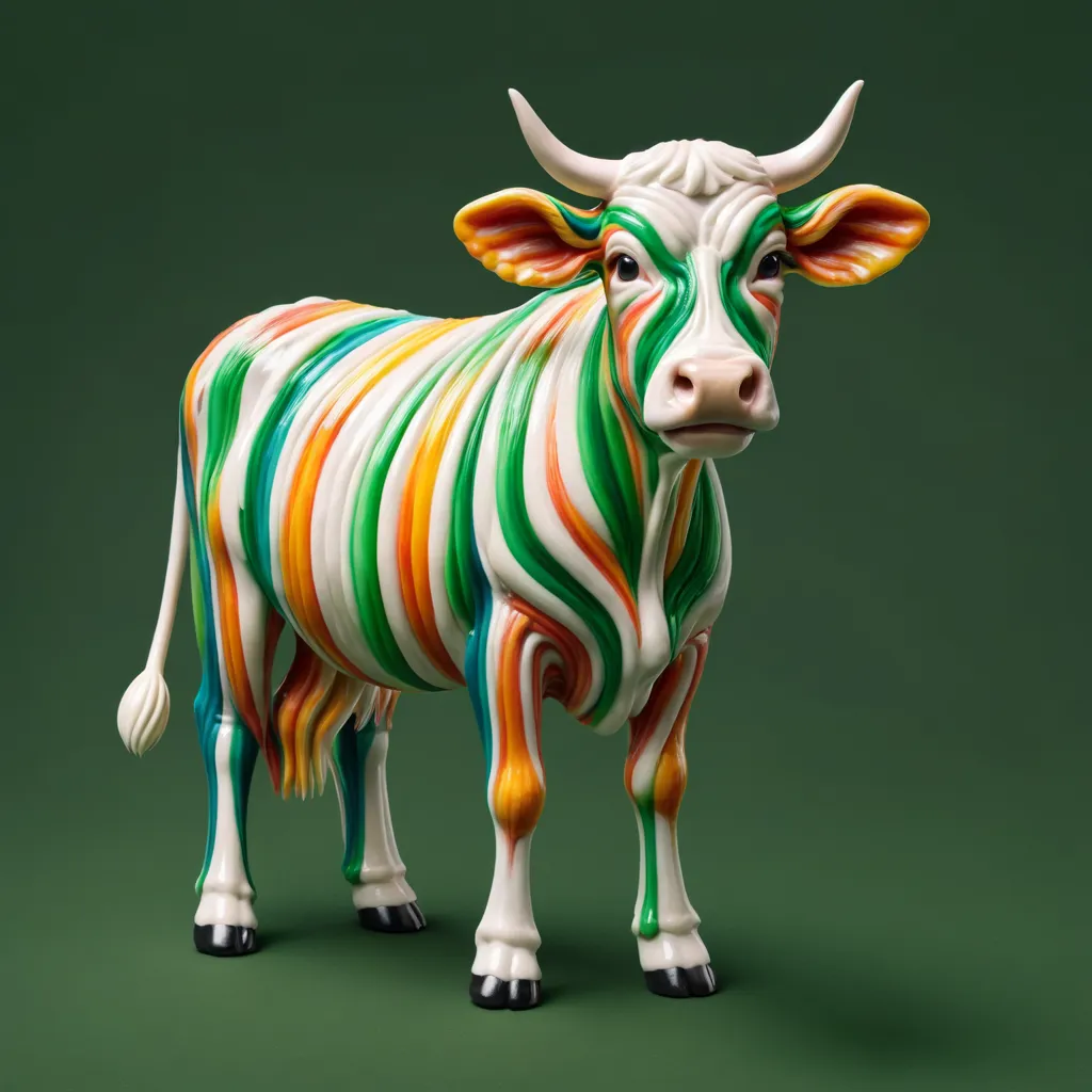 This is a 3D rendering of a multicolored cow. The cow is standing on a green background and has its head turned slightly to the left. The cow is white with rainbow-colored stripes covering its body. The cow's eyes are black and its nose is pink. The cow's horns are white and its hooves are black.