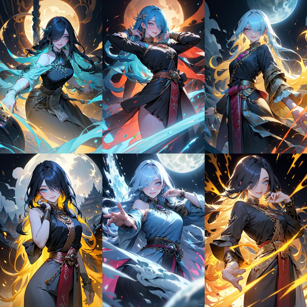 The image shows three different characters. They all have long hair and are wearing black and gold outfits. The first character has black hair and blue eyes, and is surrounded by water. The second character has blue hair and blue eyes, and is surrounded by fire. The third character has black hair and gold eyes, and is surrounded by lightning.