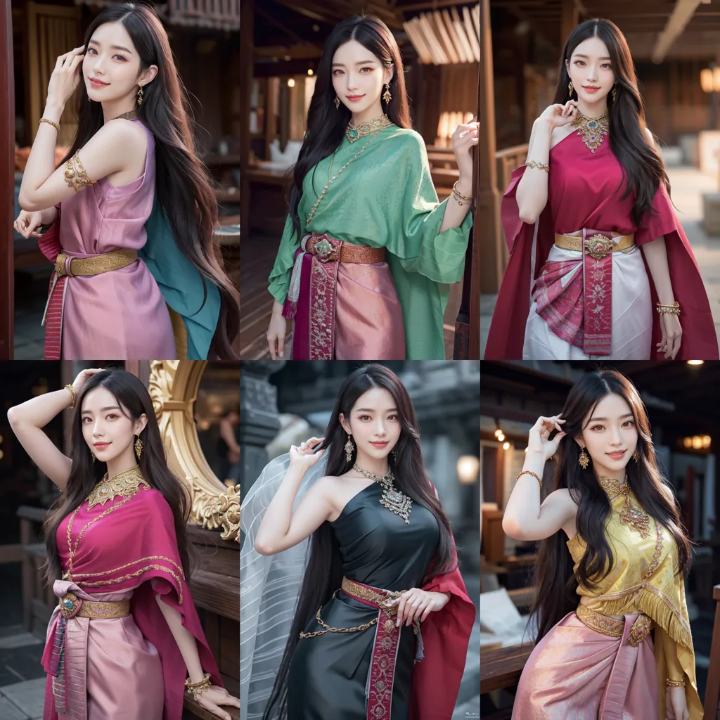 The image shows six beautiful Thai women wearing traditional Thai clothing. The women are all wearing different colored outfits, and they are all wearing jewelry and makeup. The image is taken in a traditional Thai setting, and it captures the beauty of Thai culture and tradition.